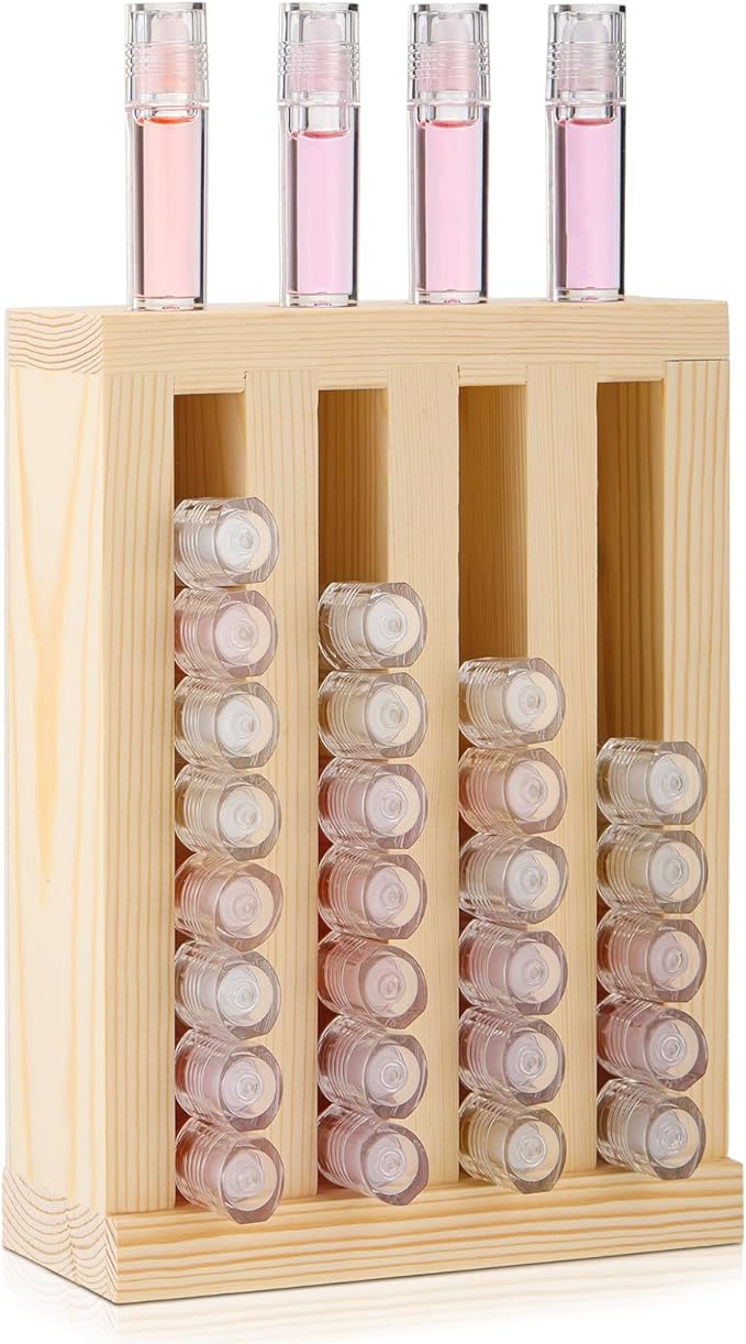 Wonderjune 1 Pcs Wooden Lipsticks Holder 0.7 inch Lip Balm Tube Holder Lip Gloss Organizer Display Wood Lipsticks Tube Tower Organizer for Market Craft Booth Room Display (4 Slot)
