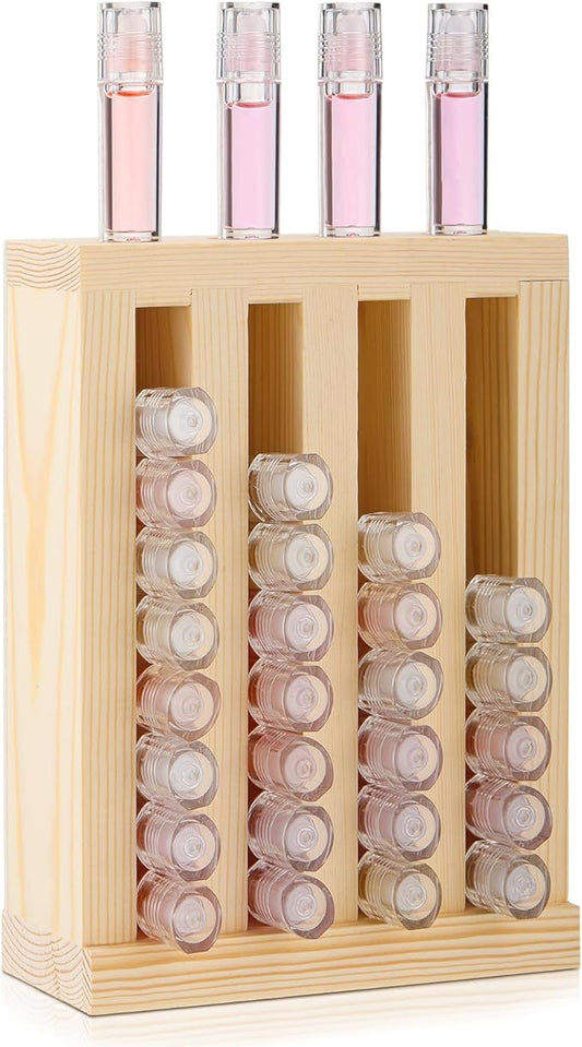 Wonderjune 1 Pcs Wooden Lipsticks Holder 0.7 inch Lip Balm Tube Holder Lip Gloss Organizer Display Wood Lipsticks Tube Tower Organizer for Market Craft Booth Room Display (4 Slot)