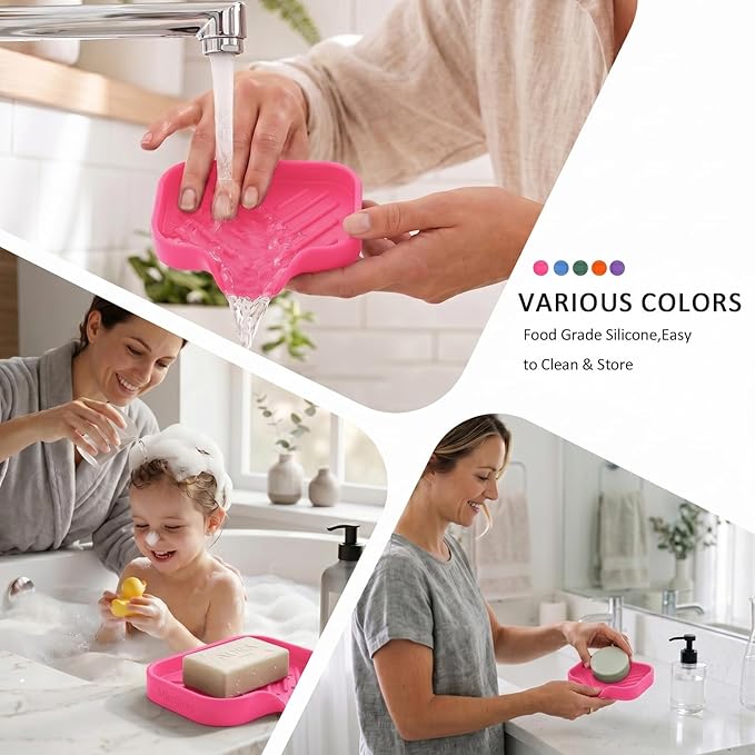 MicoYang Silicone Bathroom Soap Dishes with Drain Spout-Bathroom and Kitchen Sink Organizer,Sponge Holder,Dish Soap Tray,Perfect for Dispenser,Scrubber,Bottle,Cup on Sink or Counter-Rose 4.9"×3.2"