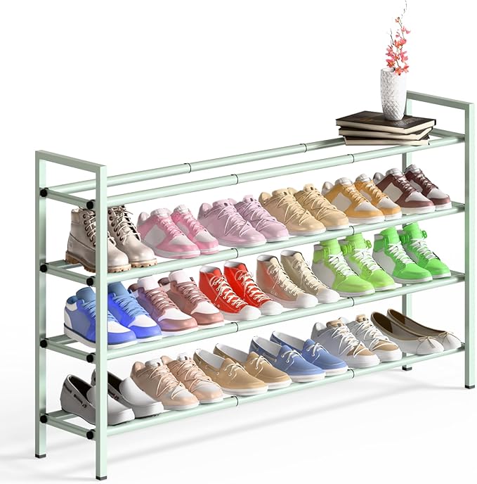 Bumusty 4-Tier Long Expandable Shoe Rack for Closet, 18"-44" Adjustable Shoe Rack for Entryway, 20-24 Pairs Large Shoe Organizer Shelf Storage, Sturdy Metal, Green