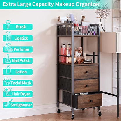 HapiRm Rolling Makeup Cart Organizer - Floor Skincare Make Up Storage with 3 Non-woven Fabric Drawers, Vanity Organizer Cosmetic Display Cases Holder for Skin Care Perfume Nail Polish Brush Hair Tool