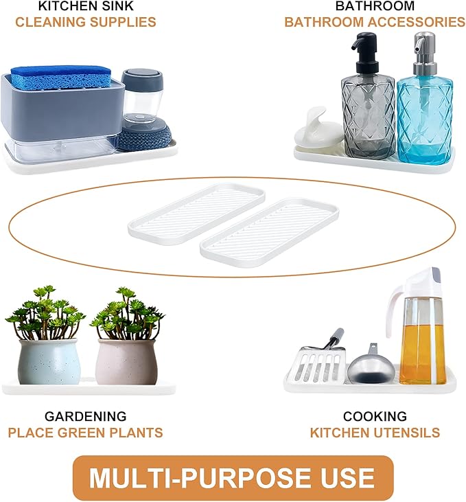 Silicone Organizer Tray, Soap and Sponge Holder for Kitchen Sink, Bathroom - Storage Tray for Dish Brush, Soap Dispenser, Dishwashing Accessories- 2 Pack (White)