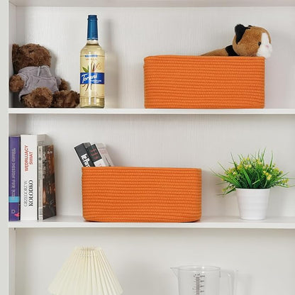 3-Pack Storage Baskets for Organizing | Woven Shelf Toy Basket | Rope Baskets for Gifts Empty | Closet Organizer Bins with Handles | Cube Decorative Box | 13.7×7.1×6.7” | Orange