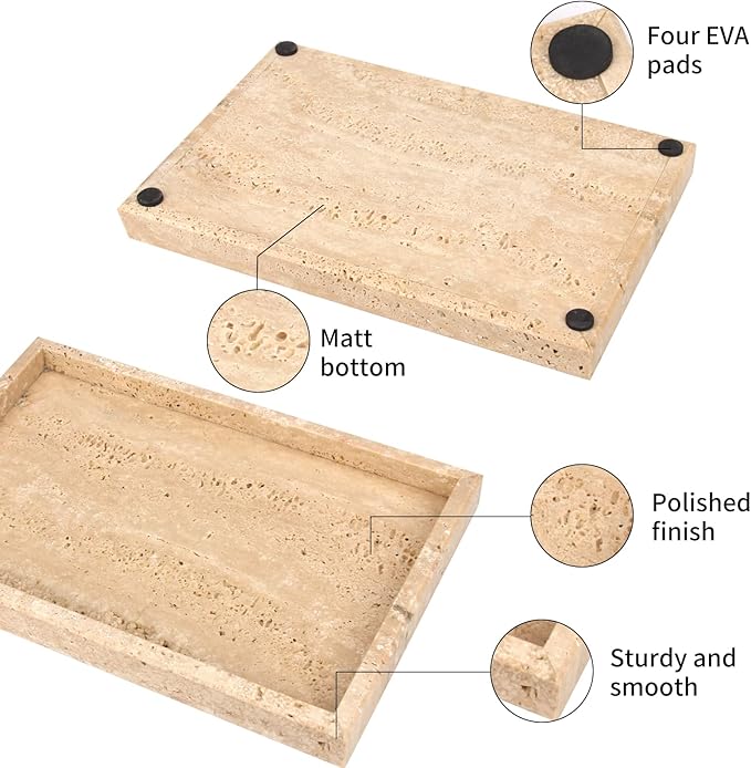 Marble Bathroom Vanity Tray, Natural Luxury Vanity Home Kitchen Bathroom Table Tray, Stone Decorative Countertop Dresser Trays for Key Coffee Perfume Jewelry Makeup (Travertine, 12"x 8" x1.2")