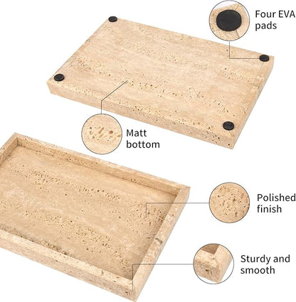 Marble Bathroom Vanity Tray, Natural Luxury Vanity Home Kitchen Bathroom Table Tray, Stone Decorative Countertop Dresser Trays for Key Coffee Perfume Jewelry Makeup (Travertine, 12"x 8" x1.2")