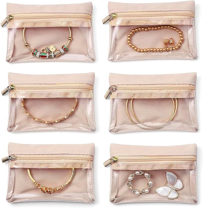Magiware Small Jewelry Pouch Travel Organizer Bags with Soft Velvet and Zipper, 6PCS Pocket Storage Bag Case Purse Organizer for Women Girl Grandma Gift（ beige）