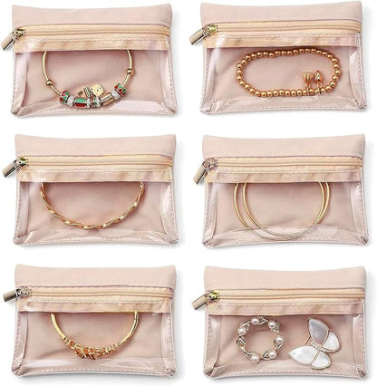 Magiware Small Jewelry Pouch Travel Organizer Bags with Soft Velvet and Zipper, 6PCS Pocket Storage Bag Case Purse Organizer for Women Girl Grandma Gift（ beige）