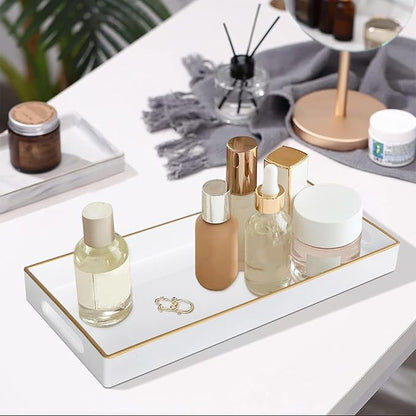 MAONAME White Vanity Tray, Plastic Decorative Tray, Rectangular Trays with Handles, Narrow Bathroom Trays for Toilet Tank, 13.8" X 6" X 1.57"
