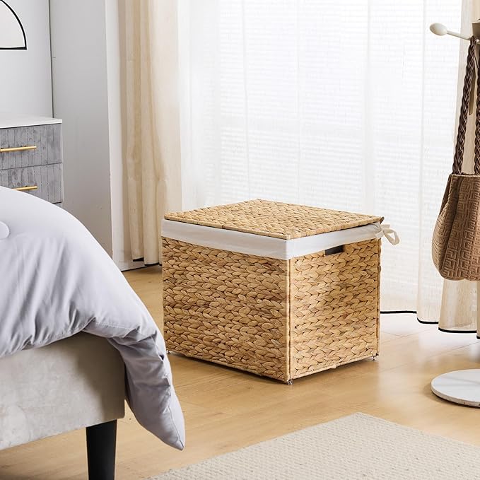 Water Hyacinth Storage Basket with Lid, 21.1 Gallon (80L) Wicker Shelf Basket with Removable Liner, Wicker Storage Basket for Blanket, for Livingroom, Bedroom, Natural