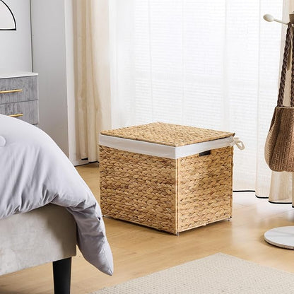 Water Hyacinth Storage Basket with Lid, 21.1 Gallon (80L) Wicker Shelf Basket with Removable Liner, Wicker Storage Basket for Blanket, for Livingroom, Bedroom, Natural