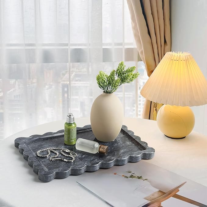 Real Natural Scalloped Marble Tray for Bathroom, Vanity, Kitchen and Desktop, Decorative Stone Tray for Jewelry, Cosmetics, Candles, Lotion, Perfume and Home Decor (Black, 12" L x 8" W)