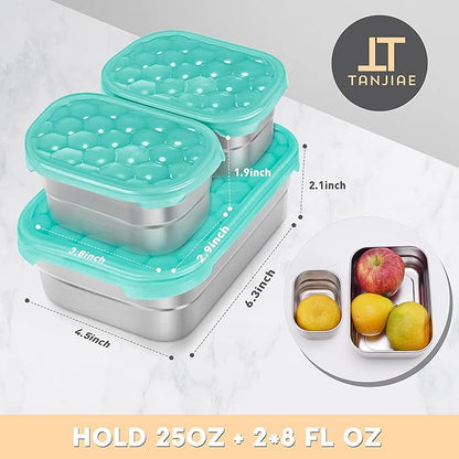 Tanjiae Small Stainless Steel Lunch Containers for Kids | Leak Proof Food Containers with Silicone Lids - Perfect Metal Food Containers with Lids for Kids School and Toddler Daycare (25oz+8oz*2)