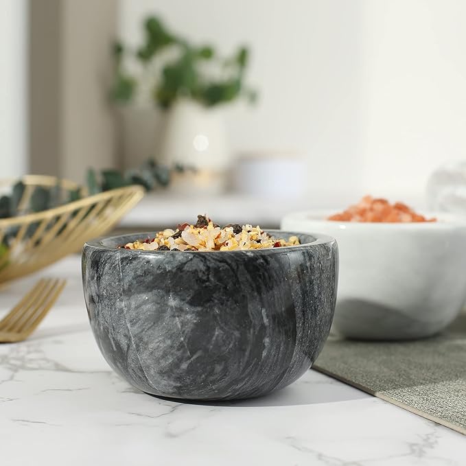 jalz jalz Marble Salt and Pepper Box Set with Spoons and Lid, Salt Cellar Salt Keeper Container, Black and White, Large Capacity 10 Ounce Bowl, 4 inch Diameter, 2.8 inch Height