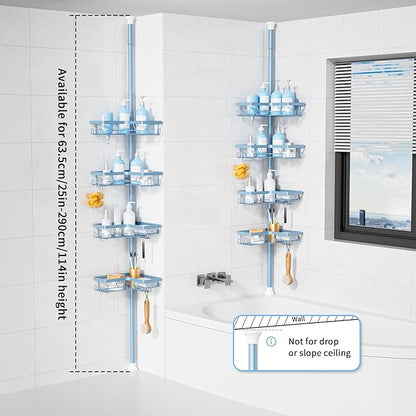 KEGII Shower Caddy Tension Pole, 4-Tier Rustproof Adjustable Corner Bathroom Organizer for Renters, 25–114.2 Inch No Drill Space-Saving Shower Storage Rack, Blue