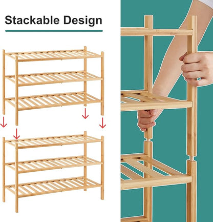 viewcare 6-Tier Bamboo Shoe Rack for Entryway, Stackable | Foldable | Natural, Shoe Organizer for Hallway Closet, Free Standing Shoe Racks for Indoor Outdoor