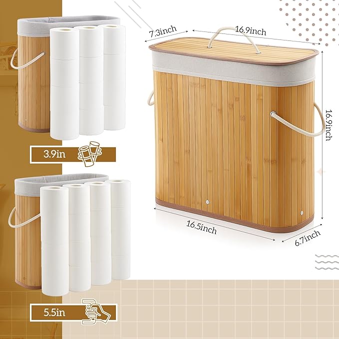 Leinuosen Bamboo Toilet Paper Storage Basket 8 Gallons/30 L Toilet Paper Organizer Holder with Lid Waterproof for Kitchen Bathroom Home(Beige,Regular)