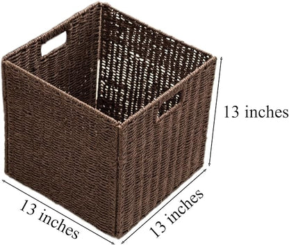 Handwoven Paper Woven Cube Basket Organizer with Handles set of 4 Foldable Storage baskets for Bedroom Living Room Cubby Storage Units for Clothes Books Toys (Brown, 13" L x 13" W x 13" H)