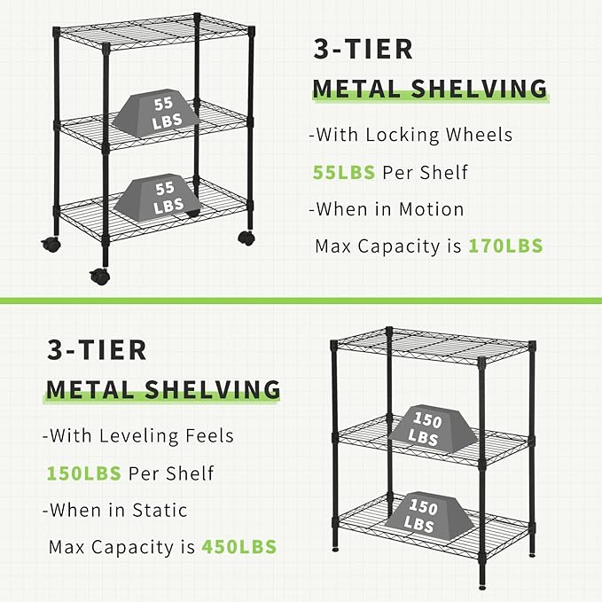 Wire Shelving 32" H x 23W x 13D Storage Shelf with Wheels Adjustable 3 Tier Metal Shelves Unit for Small Places Kitchen Storage Rack Shelf Organizer, 450Lbs Capacity, Black