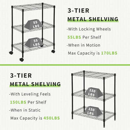 Wire Shelving 32" H x 23W x 13D Storage Shelf with Wheels Adjustable 3 Tier Metal Shelves Unit for Small Places Kitchen Storage Rack Shelf Organizer, 450Lbs Capacity, Black