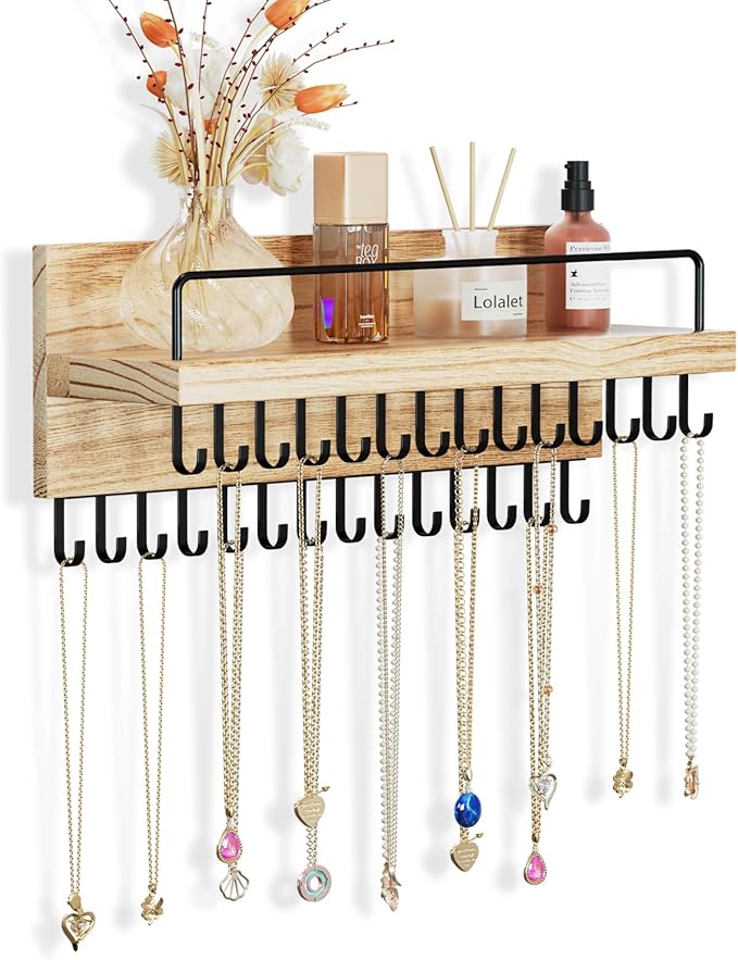 Lolalet Necklace Holder Hanging Necklace Organizer Wall Mounted Jewelry Organizer with 28 Hooks and Perfume Shelf, Wood Necklace Hanger Rack for Bracelets -Black