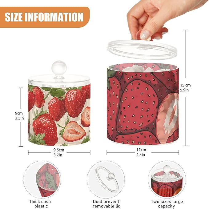 2 Pack Qtip Dispenser Apothecary Jars with Lids Cotton Round Holder Bathroom Canisters for Cotton Swab Floss Ball Pads Clear Plastic Decorative Red Strawberries