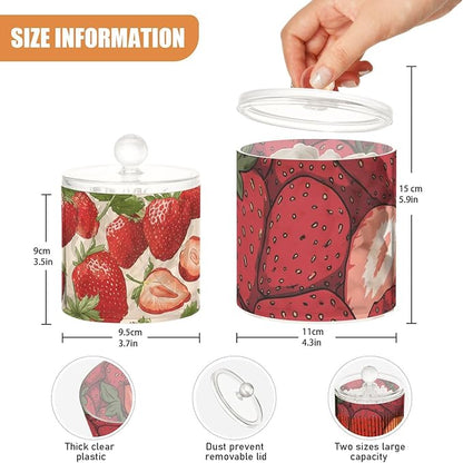 2 Pack Qtip Dispenser Apothecary Jars with Lids Cotton Round Holder Bathroom Canisters for Cotton Swab Floss Ball Pads Clear Plastic Decorative Red Strawberries