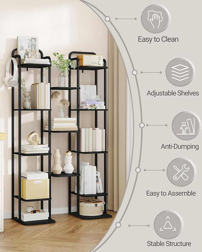 Hzuaneri 8 Tiers Vertical Shoe Rack, Narrow Shoe Tower, Tall Shoes Shelf with 2 Hooks, Adjustable Shelves, Corner Shoes Shelves for Small Spaces, Entryway, Living Room, Black SR04304B