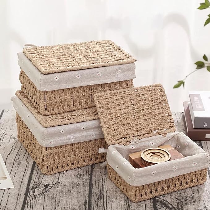 GIB Small Wicker Storage Baskets with Lids and Liner, Rectangular Paper Rope Woven Baskets for Organizing, Decorative Boxes Boho Decor for Shelves Table Desktop Makeup Organizer, Set of 3