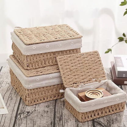 GIB Small Wicker Storage Baskets with Lids and Liner, Rectangular Paper Rope Woven Baskets for Organizing, Decorative Boxes Boho Decor for Shelves Table Desktop Makeup Organizer, Set of 3