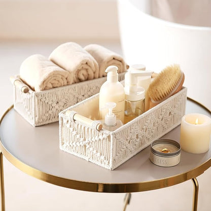 Mkono Macrame Storage Baskets Boho Decor Box Handmade Woven Decorative Countertop Toilet Tank Shelf Cabinet Organizer for Bedroom Livingroom Home, Set of 2, Ivory