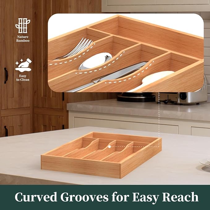 Bamboo Silverware Organizer, Kitchen Drawer Organizer, Utensil Holder, Cutlery Tray & Spoon Flatware Storage with Grooved Drawer Dividers (9.5''W x 13.5''D)