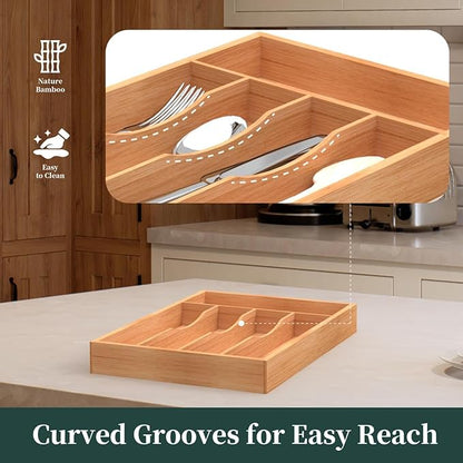 Bamboo Silverware Organizer, Kitchen Drawer Organizer, Utensil Holder, Cutlery Tray & Spoon Flatware Storage with Grooved Drawer Dividers (9.5''W x 13.5''D)