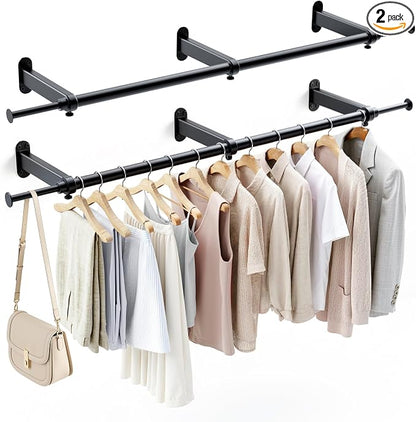 Luxspire Wall Mounted Clothes Rack, Industrial Pipe Clothing Rack, 41" Heavy Duty Extendable Iron Garment Bar, Multi-Purpose Hanging Rods for Clothes Bedroom, Laundry Room, Closet 2 Pack, Black