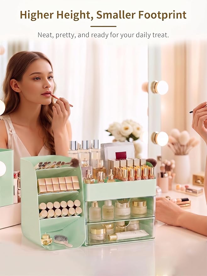 Booklov Makeup Organizer for Vanity, Countertop Cosmetic Display Case with Clear Acrylic Drawers, Bathroom Counter Beauty Caddy, Cute Table Storage Holder for Skincare, Brush Lipsticks, Crystal Green