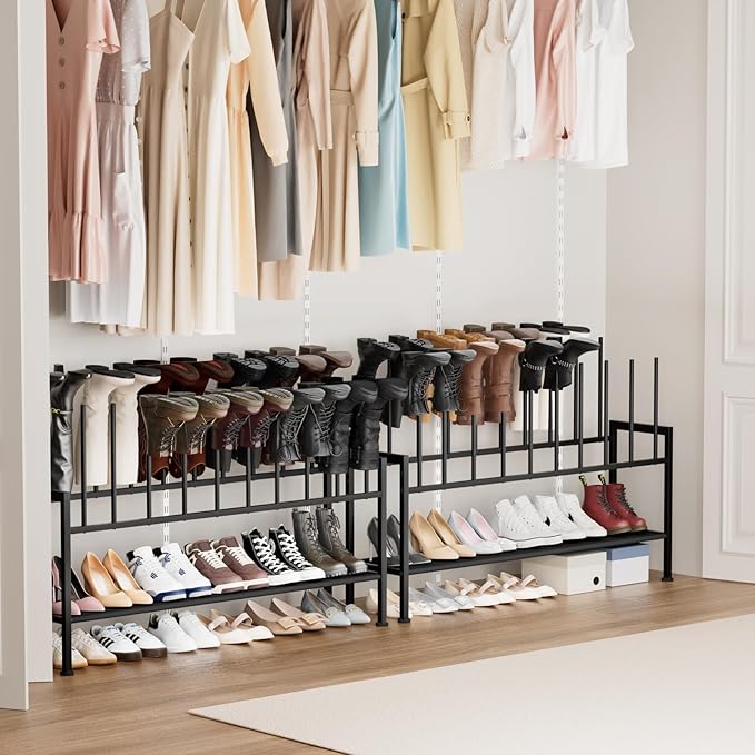 DIMJ Boot Rack 3-Tier - Black Metal Boot Storage Rack for Tall Boots Organizer Tall Boots, Multiuse Shoe Rack for Boots, Sneakers, High-Heels, Entryway, Fit for 10 Pairs, Black