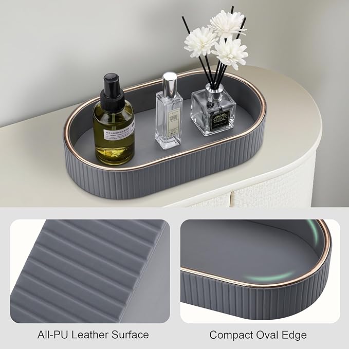 GORESE PU Leather Valet Tray Perfume Organizer, Oval Jewelry Trays Nightstand Organizer Key Bowl Trinket Dish for Dresser Bedside, Vanity Tray for Bathroom, EDC Trays for Men Women, 11×5.9 in, Gray