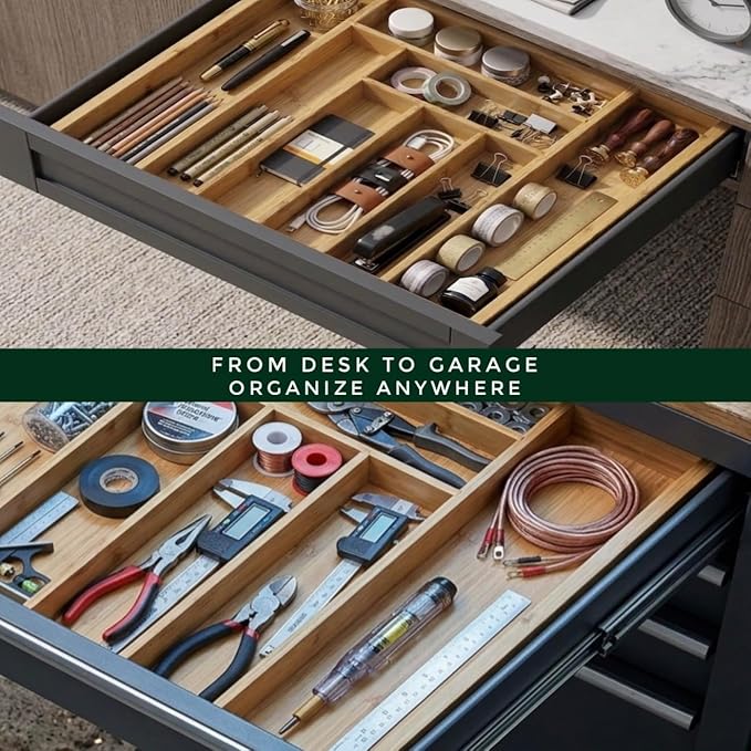 Bamboo Drawer Organizer, Expandable 8-Slot Silverware & Utensil Tray for Kitchen Drawers, Fits 13–19.5 Inch Drawers, Deep Compartments, Durable & Eco-Friendly Natural Bamboo