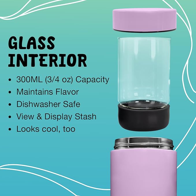 Nugbuddy Airtight Storage Container - Vacuum Sealed Insulated w Nested Glass Jar - UV Protection, Temperature Controlled Stainless - Stays Fresh - Whiteboard Finish w Marker Included - 300 ml (3/4 Oz)