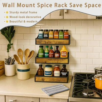 Spice Rack Wall Mount for Large Spice Jars, 6 Pack Ironwood Spice Organizer shelf for Rustic, Industrial and Modern Kitchens,Quick Adhesive Strips and Screws for Mounting (Engineered Wood)