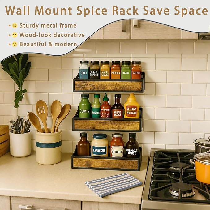 Spice Rack Wall Mount 3 Pack, Space-Saving Seasoning Organizer,Screw or Adhesive Hanging Spice Rack Organizer for Kitchen Cabinet and Wall (Engineered Wooden)