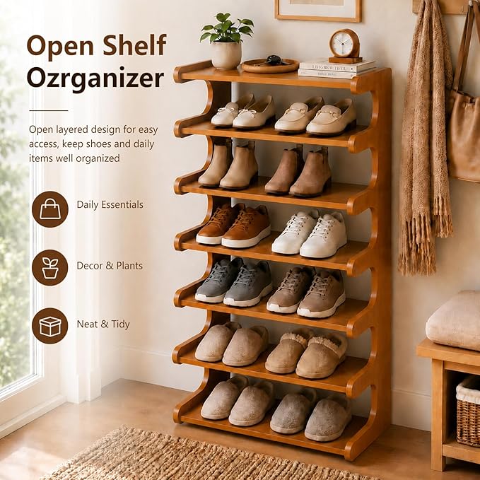 Vertical Narrow Shoe Rack, 7 Tier Shoe Storage Rack for Entryway, Free Standing Multi Layer Wooden Shoe Rack for Corridors, Bedrooms Living Room Corner And Small Spaces (7 Tier/W-50cm)