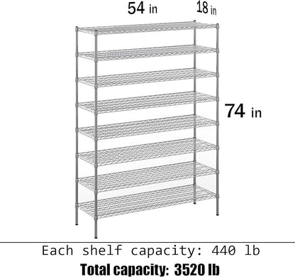 18" Deep x 54" Wide x 74" Height Wire Shelving Kit | 8-Tier | NSF Commercial Storage Rack Unit