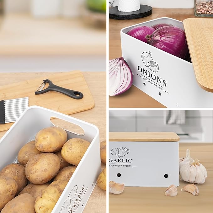 Kitchen Vegetable Storage Set of 3, Metal Onion Garlic Potato Storage Set, Kitchen Canisters Vegetable Keeper Containers with Aerating Holes and Wooden Lid (White)