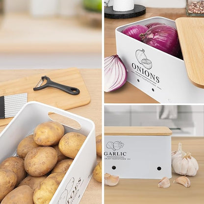 Kitchen Vegetable Storage Set of 3, Metal Onion Garlic Potato Storage Set, Kitchen Canisters Vegetable Keeper Containers with Aerating Holes and Wooden Lid (White)