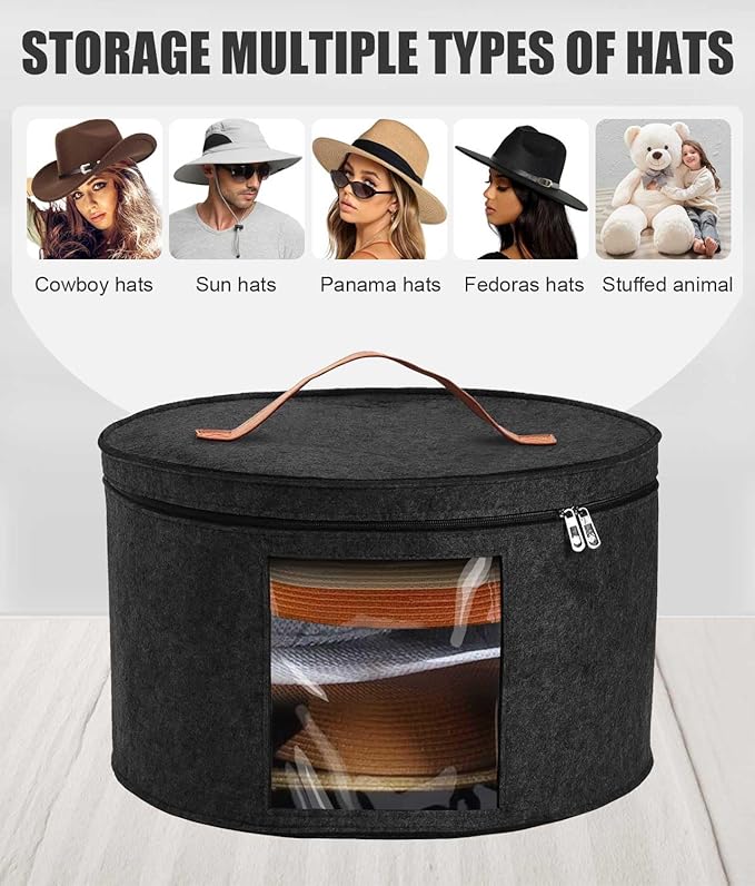 Hat Box, Travel Hat Storage Box, Foldable Space-saving Hats Boxes Organizer for Men & Women Storage, Stackable Hats Carrier Case for Round Brim, Cowboy, Panama, Tweed Caps - Black