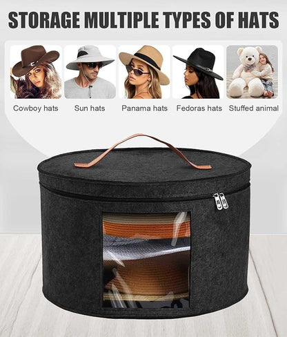 Hat Box, Travel Hat Storage Box, Foldable Space-saving Hats Boxes Organizer for Men & Women Storage, Stackable Hats Carrier Case for Round Brim, Cowboy, Panama, Tweed Caps - Black
