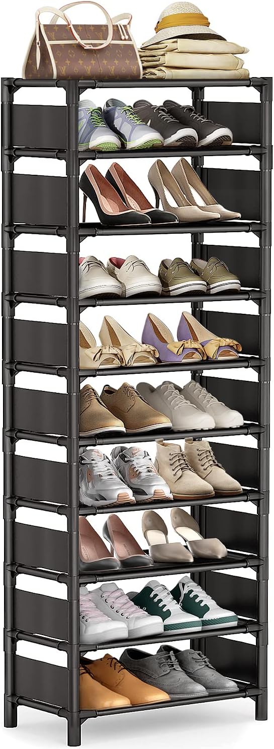 Shoe Rack - 10 Tiers Shoe Organizer with Detachable Fabric Shelves & Metal Frame, Up to 20-25 Pairs Narrow Tall Shoe Rack for Closet, Entryway, 17.7" x 11.0" x 63"