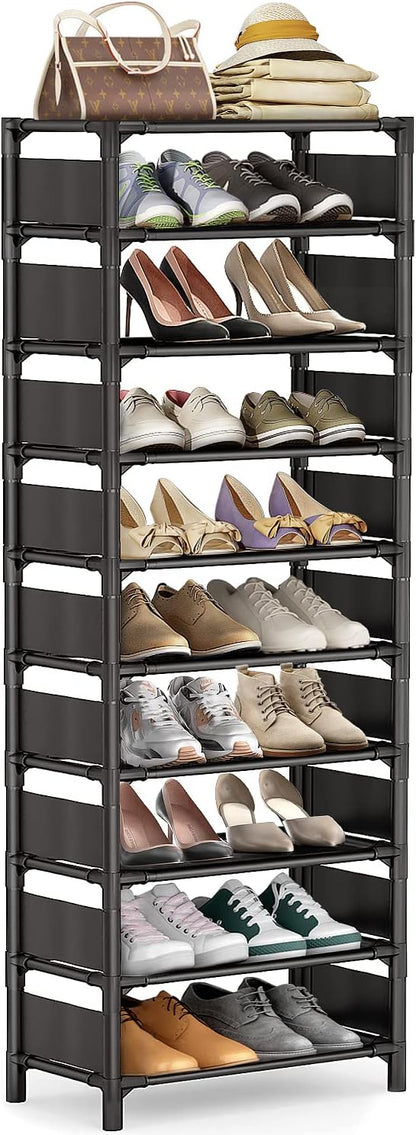 Shoe Rack - 10 Tiers Shoe Organizer with Detachable Fabric Shelves & Metal Frame, Up to 20-25 Pairs Narrow Tall Shoe Rack for Closet, Entryway, 17.7" x 11.0" x 63"