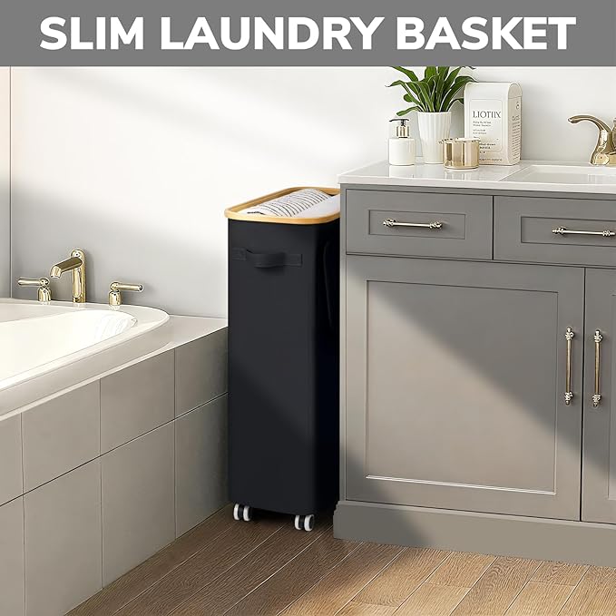 Goodpick Slim Laundry Basket with Wheels and Lid, 75L Rolling Laundry Hamper for Dorm Home Decor, Large Clothes Hamper with Bamboo Frame Removable Bag, Black, 17" x 9.8" x 29.5"
