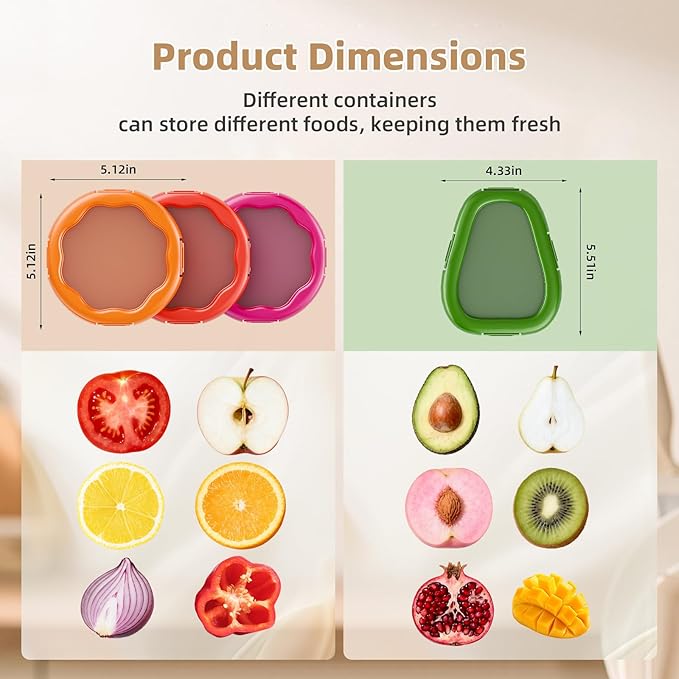 TQRR Avocado Saver and Onion Container-Set of 4 Reusable Silicone Fruit and Vegetable Storage Containers for fridge, Ideal for Apple, Tomatoes, Lemons, Orange and Potatoes